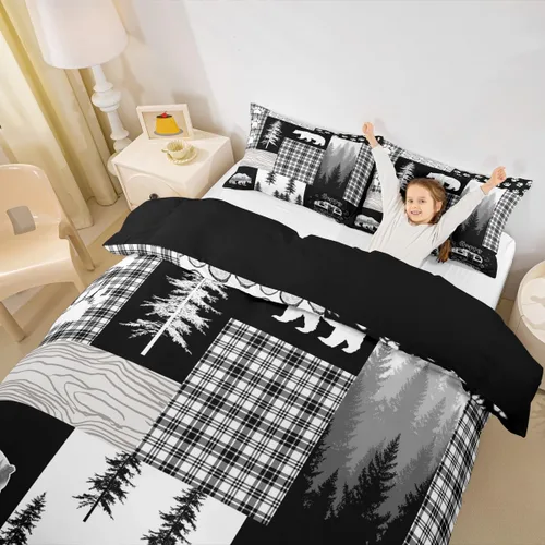 Vista 2 de Funda de edredón de oso de caza, tamaño individual, juego de ropa de cama rústica de animales del bosque para niños y niñas, funda de edredón a Oso