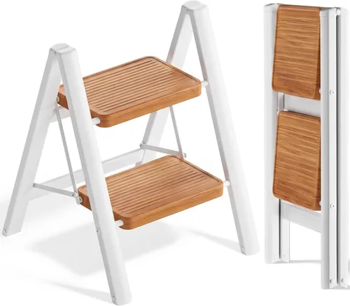 Vista 12 de SOLADDER Escalera de 3 escalones, taburete plegable ligero, grano de madera Woodgrain