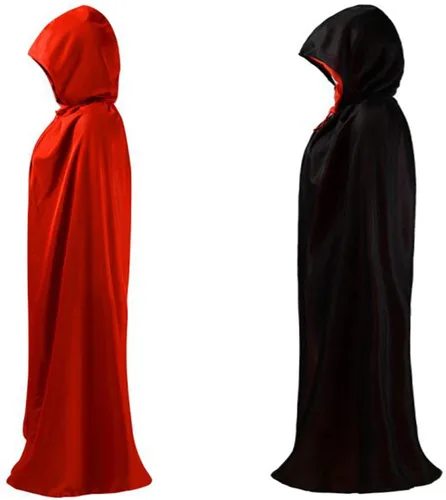 Vista 21 de OurLore Disfraz reversible de capa para fiesta de máscaras, Halloween, Navidad, color negro y rojo (35 pulgadas, con capucha)