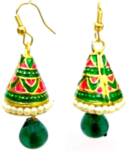 Vista 2 de DESI HAWKER Meenakari Minakari Pintura de esmalte dorado hecho a mano pendientes Bali Jhumki Jhumka joyería india colgante candelabro NI-243