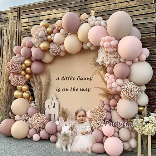 Vista 8 de Arco de globos de color rosa claro y beige con doble relleno, color malva, color nude y blanco crema mate, kit de guirnalda de globos para baby Rosa