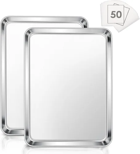 Vista 8 de E-far - Juego de 2 bandejas pequeñas para hornear, horno tostador de acero inoxidable de 9.4 x 7.3 pulgadas con 50 papeles pergaminos, mini bandeja
