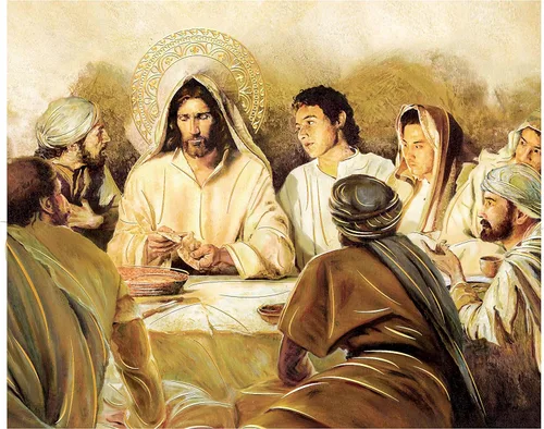 Vista 2 de Lámina dorada de Santa Última Cena (12 x 16 pulgadas), arte de pared religioso laminado sin marco, decoración del hogar, arte diseño, piezas maestras