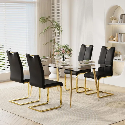 Vista 11 de Juego de mesa de comedor moderno de 51 pulgadas para 4 mesas rectangulares de cristal con 4 sillas tapizadas de cuero, asientos 4 ideales para Beige