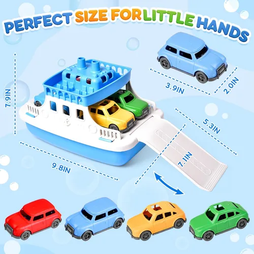 Vista 7 de FUN LITTLE TOYS Barco de juguete para baño para niños pequeños con 4 juguetes de mini autos, juguetes de agua para niños, barco de ferry