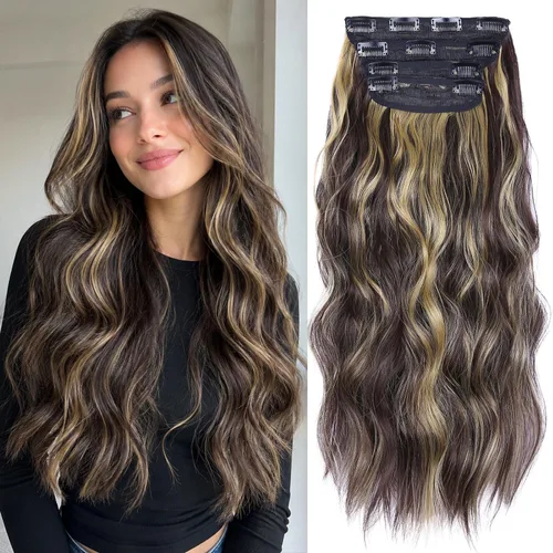 Vista 17 de Extensiones de cabello con clip, extensiones de cabello sintético ondulado de 14 pulgadas con clip (color: 22H10#)