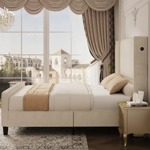 Vista 7 de Marco de Cama Tamaño Queen con Cabecero, Cama de Plataforma Tapizada con Cabecero Alto Tipo Wingback y Pie de Cama, Marco de Cama de Pana con Beige