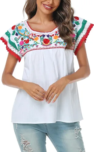 Vista 5 de YZXDORWJ Blusa tradicional colorida con encaje bordado mexicano para mujer, camiseta tricolor para el día de la independencia mexicana