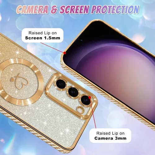 Vista 502 de Bonoma - Funda compatible con Samsung Galaxy S21 Plus, diseño de corazón con purpurina, color rosa Support for MagSafe, Plating Magnetic Case TPU