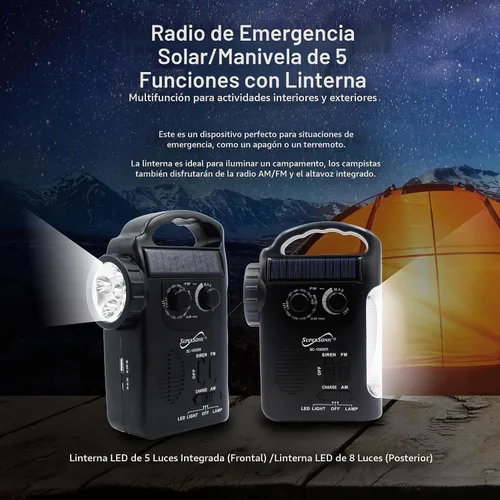 Vista 4 de Supersonic SC-1095ER Radio de emergencia solar/manivela con linterna, 3 fuentes de alimentación, linterna de emergencia, altavoz, radio AM/FM, panel