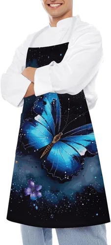 Vista 4 de Personalized Galaxy Blue Butterfly Adult Apron, Kitchen Cooking Aprons for Woman Man, Adjustable Bib Apron with Pocket for Baking, BBQ Crafting
