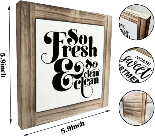 Vista 2 de Divertida Placa de Madera para Baño, So Fresh So Clean, Placas de Madera Box Decoración de Escritorio 5.9×5.9×0.7 pulgadas, Letreros Pequeños