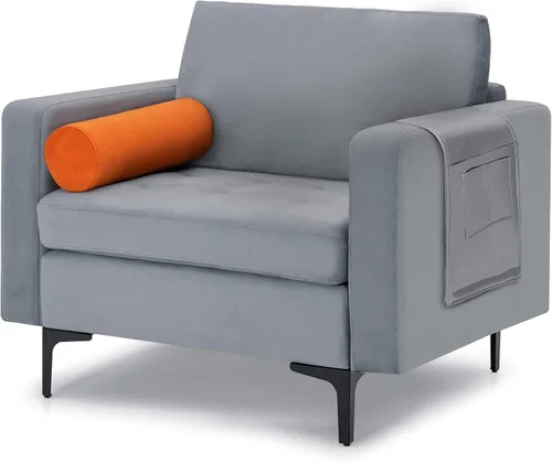 Vista 14 de Giantex Sofá individual, silla decorativa, sillón con cojín cómodo, bolsillos para revistas, sala de estar, silla de ocio tapizada para dormitorio