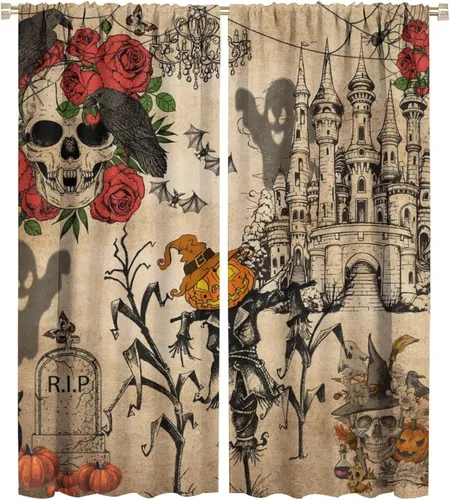 Vista 44 de Divertidas cortinas opacas de calabaza y espantapájaros para sala de estar, rústicas de otoño, hojas de arce, girasol, cosecha de otoño, puesta