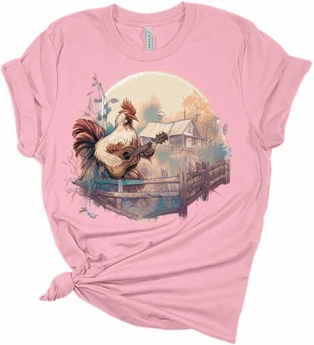 Vista 3 de Camiseta de manga corta para mujer, diseño de gallo tocando la guitarra