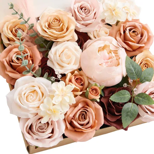 Vista 20 de Ling's moment Caja de Flores Falsas, Tallos de Vegetación Artificial Falsa Rosas de Espuma Dalia Hortensia de Seda Peonía Flor de Tela para Centros