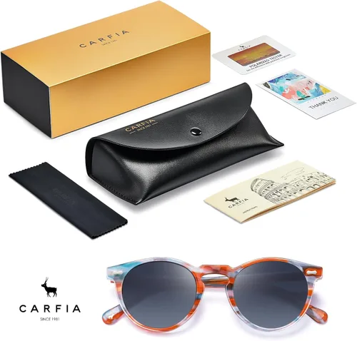 Vista 69 de CARFIA Gafas de sol polarizadas de acetato redondo para mujer, protección UV de cara pequeña con funda de cuero CA5288