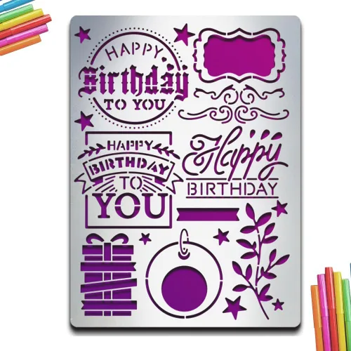 Vista 10 de MAYJOYDIY Plantillas de metal de feliz cumpleaños, plantilla de diario de metal, feliz cumpleaños, pastel, número, velas, marcapáginas, plantillas