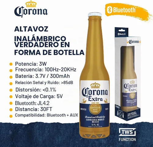 Vista 2 de Corona - Altavoz Bluetooth para botella de cerveza, rango de 30 pies, tiempo de reproducción de 3 horas