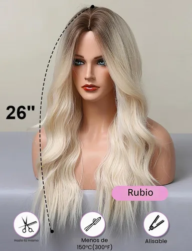 Vista 4 de HAIRCUBE Pelucas rubias largas para mujer, peluca de cabello sintético rizado y ondulado para uso diario