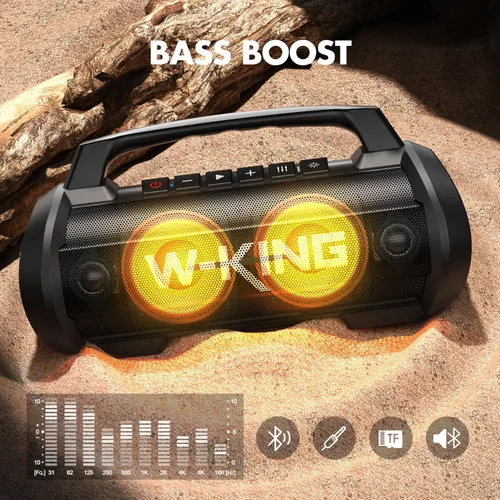 Vista 7 de W-KING Altavoz Bluetooth portátil con micrófono inalámbrico, 120 W pico 70 W RMS altavoces Bluetooth impermeables para exteriores, graves 110 dB, 42