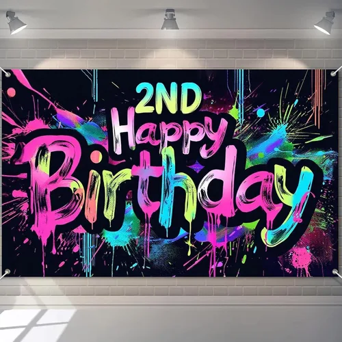 Vista 8 de HOMETITUTE Pancarta de Neón de Feliz 10mo Cumpleaños 71 x 43 pulgadas, Salpicadura de Pintura que Brilla en la Oscuridad, Telón de Fondo