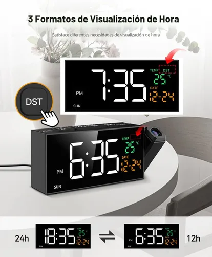 Vista 6 de Netzu Reloj de proyección para techo de dormitorio, despertador, color Blanco y RGB