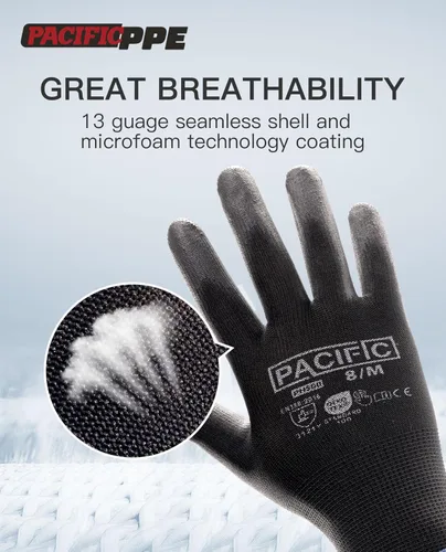 Vista 2 de PACIFIC PPE 18 pares de guantes de trabajo, guantes de punto sin costuras recubiertos de poliuretano, guantes de seguridad para pantalla táctil