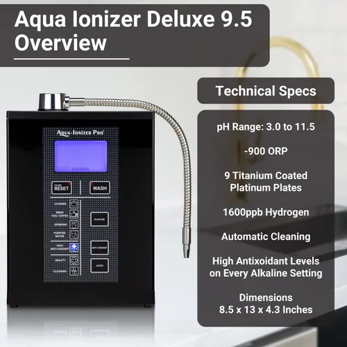Vista 8 de Aqua Ionizer Deluxe 9.5 Ionizador de agua antioxidante Produce un sistema de filtración de agua alcalina pH 3.0-11.5 hasta -880mV ORP 4000