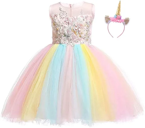 Vista 6 de Disfraz de unicornio para bebé, princesa, cumpleaños, concurso, vestido de tul, Halloween, Navidad, fiesta, tutú con diadema
