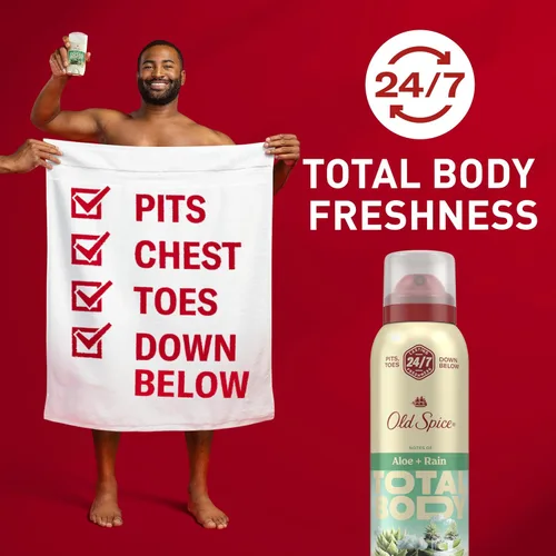 Vista 2 de Old Spice Desodorante en aerosol para todo el cuerpo para hombres, sin aluminio, aroma a aloe + lluvia, protección contra olores 24/7, frescura
