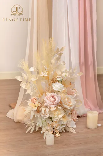 Vista 7 de TINGE TIME Juego de 2 flores artificiales de pie, centro de mesa con almohadilla de goma, flor falsa de seda para centro de mesa de boda, arco