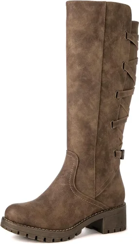 Vista 2 de GLOBALWIN Botas altas de motocicleta con tiras para mujer, botas de equitación de pantorrilla ancha con cordones en la parte trasera para otoño e