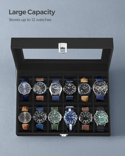 Vista 5 de SONGMICS Caja de reloj caja de reloj de 12 ranuras con tapa de cristal grande almohadas de reloj extraíbles organizador de caja de reloj regalo