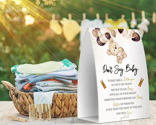 Vista 3 de Juego de texto en inglés "Don't Say Baby", un letrero de 5 x 7 pulgadas y 50 mini pinzas para la ropa, juegos de baby shower, decoración de baby