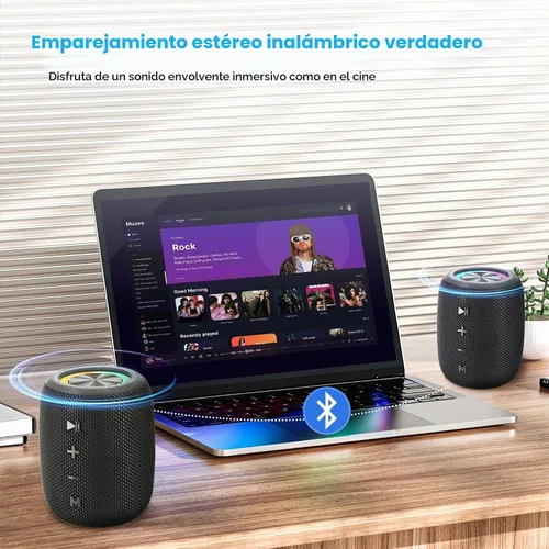 Vista 7 de Altavoz Bluetooth portátil, altavoz inalámbrico BT5.3 de 20W con diafragmas de graves, luces LED multimodos dinámicos, IPX6 resistente al agua