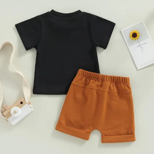 Vista 18 de Conjunto de traje de verano para bebé niño pequeño, manga corta, cuello redondo, letras impresas, lindo traje de verano, conjunto de 2 piezas
