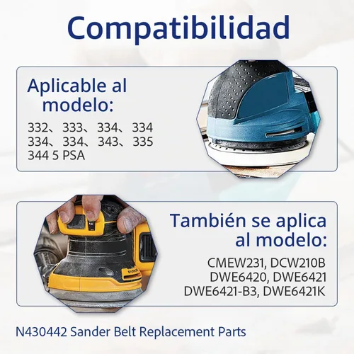Vista 5 de Correa lijadora orbital aleatoria N430442 para DeWalt DWE6423 DWE6421