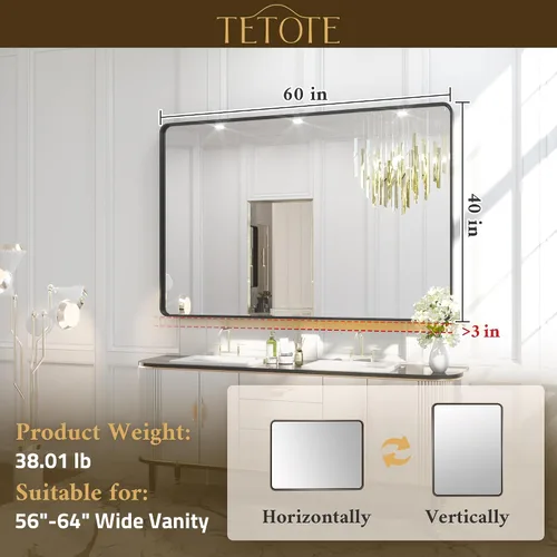 Vista 84 de TETOTE Espejo de marco dorado cepillado de 16 x 24 pulgadas, espejo de tocador de baño de latón dorado para pared, espejo enmarcado rectangular