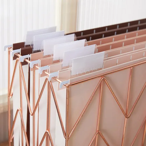 Vista 8 de Y YOMA Organizador de archivos colgantes, tamaño carta, de metal dorado rosa, cesta de almacenamiento para oficina en casa, 1 paquete, con juego