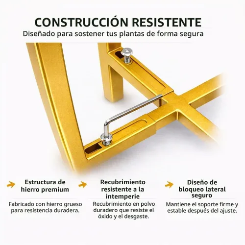 Vista 4 de Soporte de metal dorado ajustable para interiores, se adapta a macetas de 8 a 14 pulgadas, resistente
