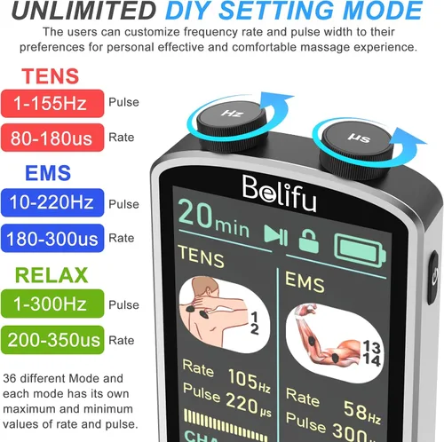 Vista 5 de TENS EMS - Estimulador muscular para terapia de alivio del dolor - TENS 4 en 1 y EMS y relajación y frecuencia personalizada+pulso - Masajeador