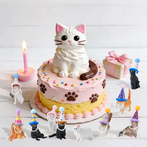 Vista 6 de 20 piezas de figuritas de gato en miniatura con kit de sombreros de cumpleaños, figuritas de gato pequeñas de resina, decoraciones para pasteles
