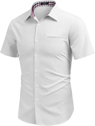 Vista 4 de COOFANDY Camisa de vestir Oxford de manga corta para hombre, camisa de trabajo con botones de cambray, camisas casuales con cuello a cuadros