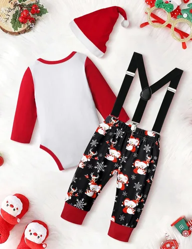 Vista 6 de WIQI Baby Boy Christmas Outfit 4PCS Newborn Romper Xmas Suspender Pants Santa Hat My First Christmas Baby Boy Outfits