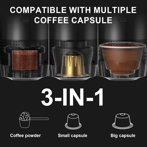 Vista 3 de Cafetera espresso portátil para viajes con estuche – Cafetera de viaje autocalentable con USB-C, compatible con café molido, cápsulas NES y DG