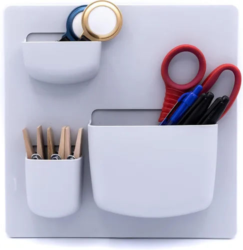 Vista 4 de Organizador de escritorio de pared gris moderno, 2 piezas, 6 bolsillos organizadores y estantes adhesivos para un fácil almacenamiento de cosas