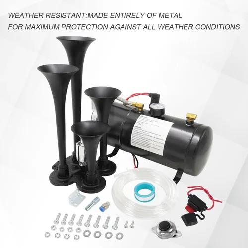 Vista 6 de Kit de bocinas de tren de 150DB con 4 trompetas, súper fuerte con compresor de aire de 150 PSI 12V, tanque compresor de bocina de aire