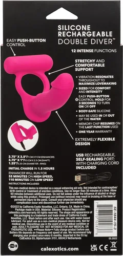 Vista 5 de CalExotics Doble buceador recargable de silicona - Anillo de sonda de placer recargable - Juguete sexual masajeador impermeable para parejas - Rosa