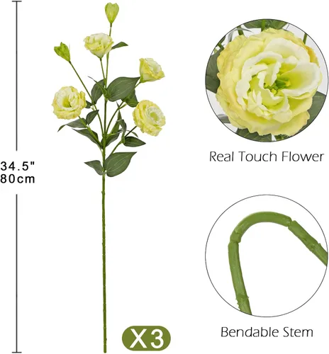 Vista 2 de Flores artificiales de seda de color blanco crema de 34.5 pulgadas, 3 piezas, flores de Eustoma Lisianthus con tallo largo, ramas de arreglo